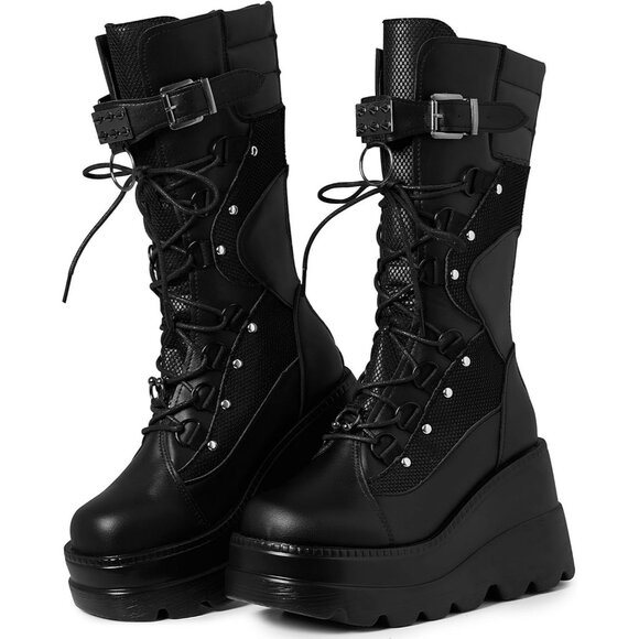 Women's Mid Calf Chunky Wedge Heel Rave Combat Lace Up Zipper Round Black Boot - Picture 1 of 6